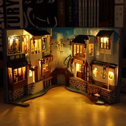 Decoratieve objecten Figurines Diy Book Nook Kit Japanse stijl eind Insert Case Stand Miniature House met LED Light Creative Gift 230307