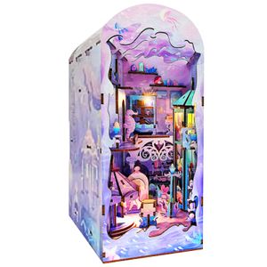 Objets décoratifs Figurines DIY Book Nook Kit 3D Puzzle en bois Étagère Insert Decor avec lumière LED Modèle de maison de poupée miniature Creative Educational 230818
