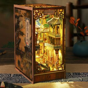 Objets décoratifs Figurines DIY Book Nook Kit Shelf Insert Miniature Mini House Bibliothèque en bois Dollhouse Bookend Toys Home Decor 3D Puzzle Cadeau de Noël 231023