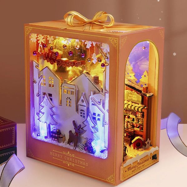 Objetos decorativos estatuetas diy livro nook 3d quebra-cabeça de madeira em miniatura kit de casa de boneca com luz quente estante criativa booknook brinquedo presente de natal decoração de casa 231216