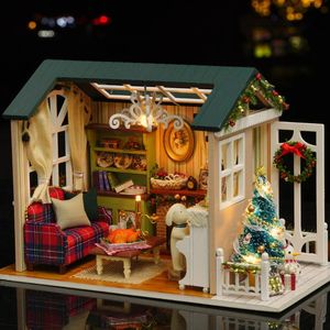 Objetos decorativos Figuras DIY Navidad Miniatura Casa de muñecas Kit Realista Mini 3D Casa de madera Habitación Artesanía con muebles Luces LED Diciembre