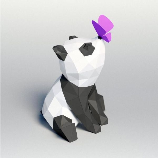 Objetos decorativos Figuras Kit de bricolaje Panda Baby Panda jugando con mariposa 3D Modelo de papel Artesan Statue Sculpture PaperCraft Desk215w