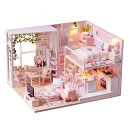 Decoratieve Objecten Beeldjes DIY Miniatuur Loft Poppenhuis Kit 3D Roze Houten Huis Kamer Geen Stofkap Geen Muziekdoos 230704