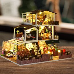 Objetos decorativos Figuritas Diy Casas de muñecas de madera Kits de construcción en miniatura con muebles Conjunto de luz Romántica Casa grande Casa de muñecas Juguetes para niñas Regalos 231117