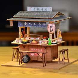 Decoratieve objecten beeldjes DIY houten poppenhuis Japanse sushiwinkel Miniatuur bouwpakket BBQ-ontbijt Poppenhuis met meubilair Speelgoed voor meisjes Geschenken 231117