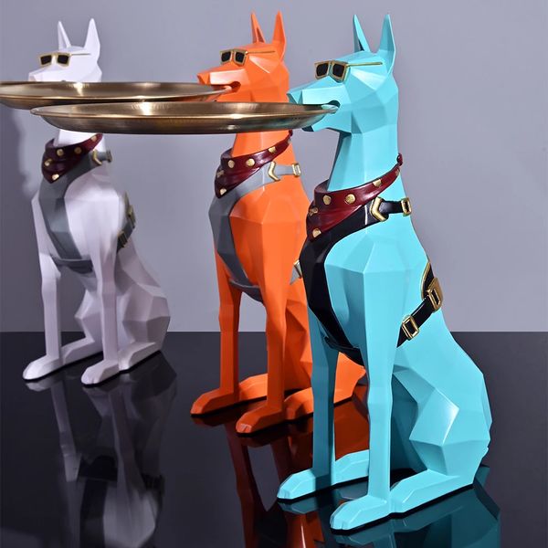 Objetos decorativos estatuetas Doberman Pinscher Resina Escultura de Cão Mordomo com Bandeja de Metal Artesanato Ornamento Decoração Arte Animal Home 231130