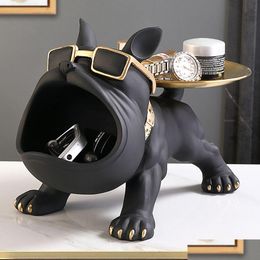 Objets décoratifs Figurines Ornement de chien Grande bouche Français Bldog Butler Boîte de rangement avec plateau Table nordique Décoration Résine Animal Scp Dhl6G
