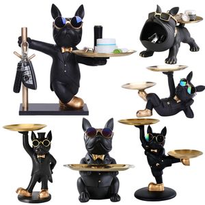 Decorative Objects Figurines Dog Statue Cool French Butler with Metal Tray Storage Box Desk Home Decor Figurines Crafts Animal Resin Sculputre Gifts Z0412