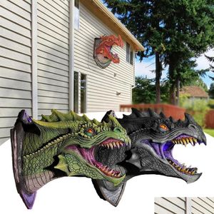 Objets décoratifs Figurines Dragon Legends Prop 3D Mural Tête LED Fumée Avec Décor Statue Dinosaure Suspendu Lumière Art Scpture Dhq1P