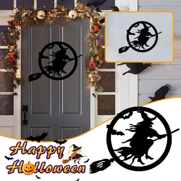 Objets décoratifs Figurines sorcière maléfique avec balai volant Happy Halloween décoration fer porte cintre métal évider noir ornements Cra