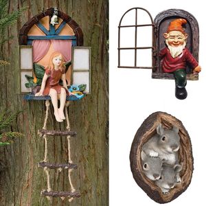 Decoratieve objecten beeldjes sprookjeshuis boom hangend beeldje raam zitladder hars ambachtsbeeld buitenornament voor huis tuin tuin kunst decor 231009