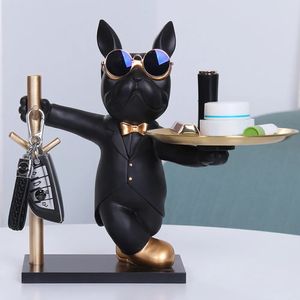 Decorative Objects Figurines French Bulldog Sculpture Dog Statue Decorative Figurine Storage Metal Tray Coin Piggy Bank Entrance Key Snack Holder 231110