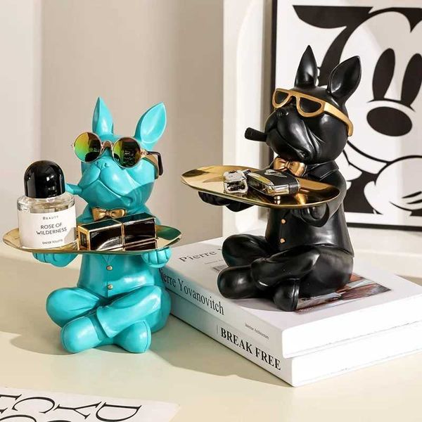 Objets décoratifs Figurines French Bulldog Statue Clé Remote Contrôle de rangement Tray Assis Dog Résine Art Home Decoration Sculpture Figurine Animal T240505