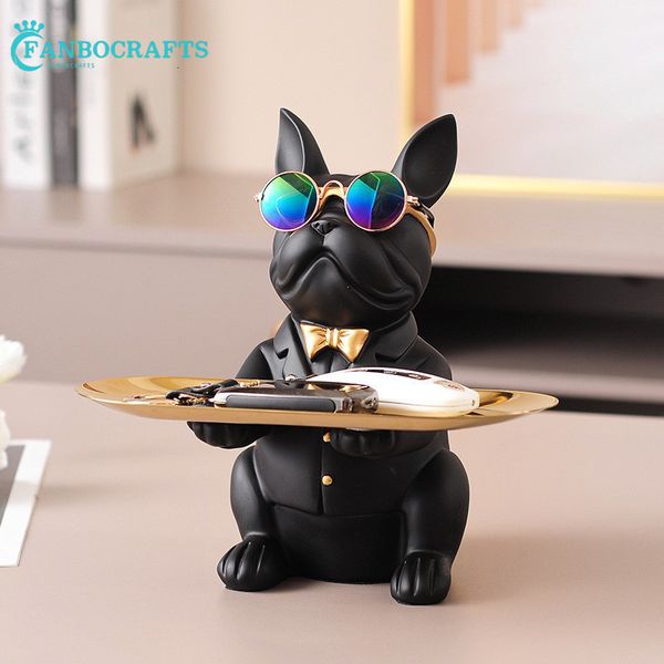 Objets décoratifs Figurines Bouledogue français Sculpture Statue de chien Figurine décorative Plateau de rangement Tirelire Entrée Clé Porte-collation avec lunettes 230208