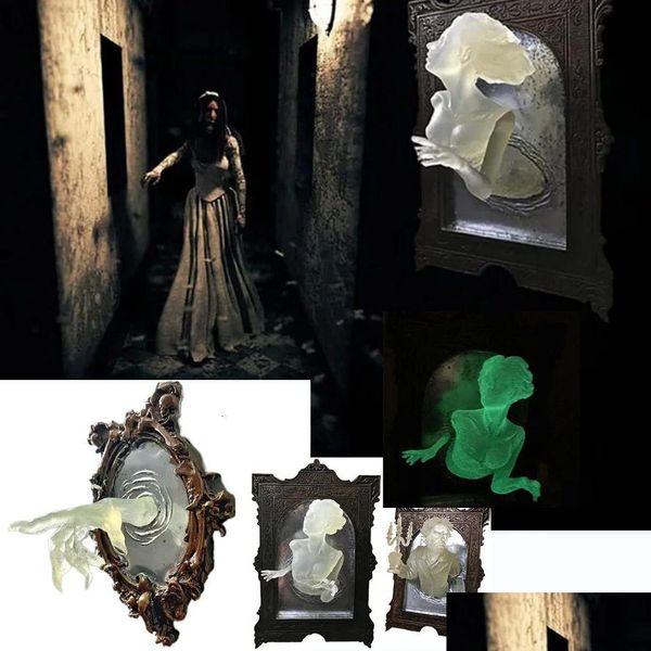 Objetos decorativos Figuras Fantasma en el espejo Decoración de la pared Resplandor Oscuro Halloween Horror 3D Esculturas espeluznantes Resina Estatua luminosa o Dhrwu