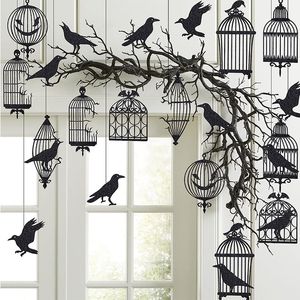 Objetos decorativos Figuras Brillo Negro Fiesta de Halloween Decoraciones para el árbol de Halloween gótico Decoraciones colgantes Raven Bird Cage Banner Garland 230818