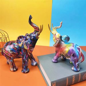 Objets décoratifs Figurines Graffiti Peinture colorée Éléphant Sculpture Figurine Art Statue Créative Résine Artisanat Maison Porche Bureau Décoration 230403