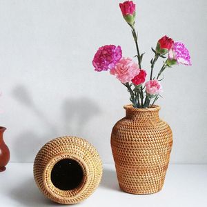 Decoratieve objecten Figurines Handgemaakte Rattan Vaas Bloempotten Holder Plant Opslag Wicker vazen ​​geweven mand Home 230508