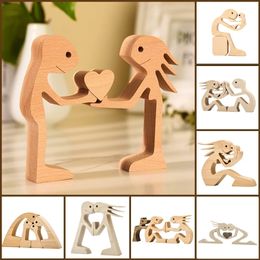 Objets décoratifs Figurines Décoration de la maison Couple en bois Figurine artisanat Table ornement famille Mini chien animal de compagnie cadeaux de la Saint-Valentin OEM Dro 230224