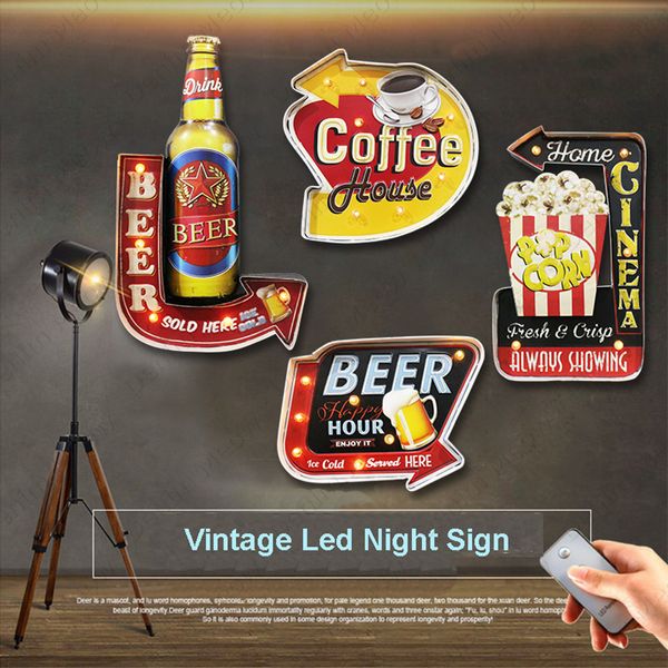 Objetos decorativos Figuras Cerveza helada Letreros de luz de neón LED Vintage Metal Bar Café Cine Palomitas de maíz Anuncio Signo Control remoto nocturno N386 230613