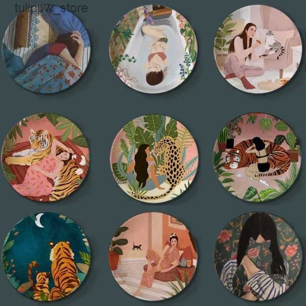 Objets décoratifs Figurines INS Forêt Animal Fille Illustration Plaque Murale en Céramique Ornement Tigre Plateau Décoratif en Céramique Plat Suspendu Porcelaine Artisanat