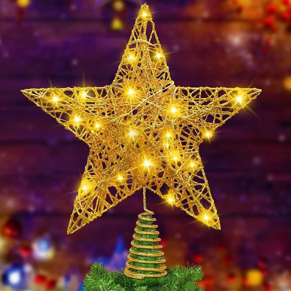 Objetos decorativos Figuras Hierro Brillo Polvo Árbol de Navidad Estrella con luces LED de alambre de cobre para adornos navideños para el hogar 231114
