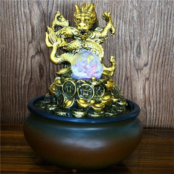 Objets décoratifs Figurines LED Lucky Feng Shui Ball Company Ornement de richesse Dragon chinois mascotte cascade bureau fontaine son d'eau