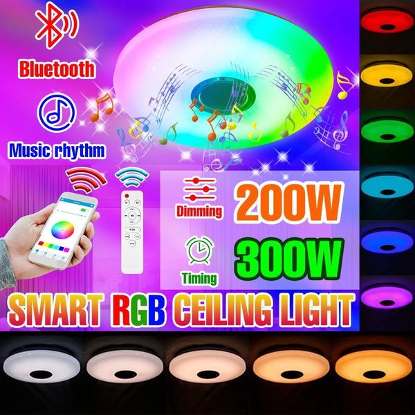 Objets décoratifs Figurines LED Plafonnier intelligent 200W 300W Bluetooth Lampe de chambre à coucher Dimmable RGB Salon Lustres d'intérieur Ampoule 100 240V 231011