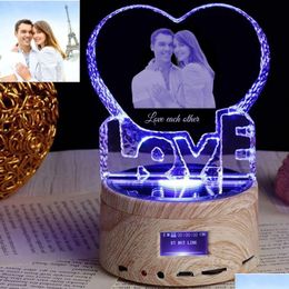 Objets décoratifs Figurines Amour Cristal Po Cadeau Image personnalisée Texte Veilleuse Bluetooth Lecteur de musique Couple de mariage pour Mo Dh4BH