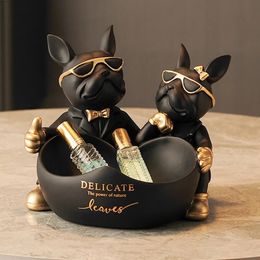 Objetos Decorativos Figuritas Amantes Estatua De Bulldog Con Tazón Caja De Almacenamiento Para Llaves Joyería Figura De Bulldog Francés Resina Decoración De Mesa Para El Hogar Sulpture 231130