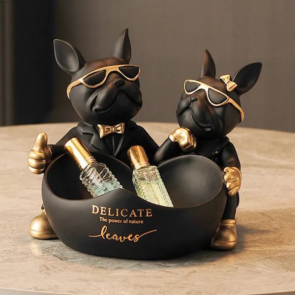 Objets décoratifs Figurines Lovers Bulldog Statue avec bol boîte de rangement pour clés bijoux bouledogue français Figurine résine maison table décoration Sulpture 231130