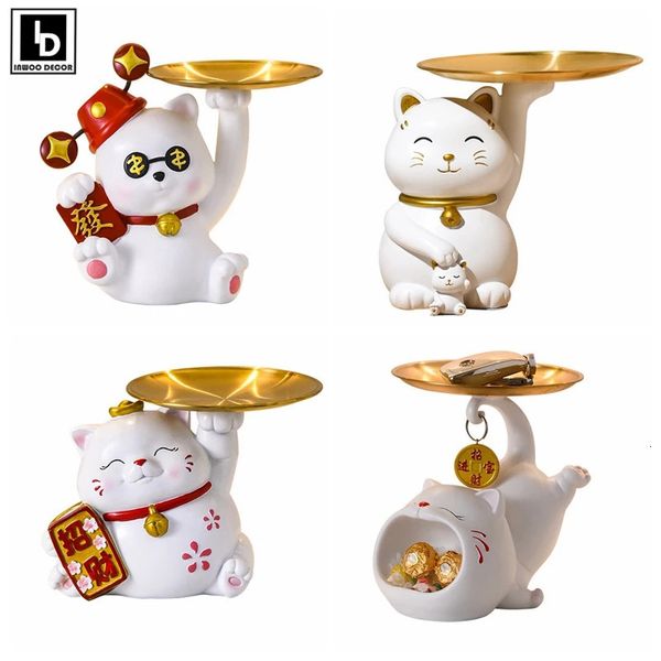 Objetos decorativos Figuras Lucky Cute Kawaii Cat Figurita Caja de dinero Bandeja de almacenamiento Snack Food Holder Riqueza Fortuna Escultura Escritorio Decoración Regalos 231130