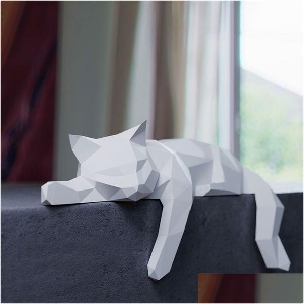 Objetos decorativos Figuras Gato tumbado Modelo de papel 3D Animal Scpture Papercraft Diy Craft para sala de estar Decoración de escritorio Libros DHJXC