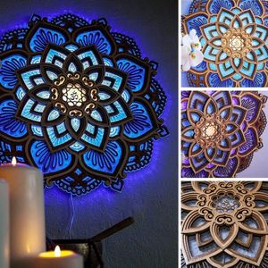 Objets décoratifs Figurines Mandala Salle de Yoga Veilleuse LED Sculpté Ambiance En Bois Pvc Suspension Murale Lamapara Maison Chambre Décoration 230225