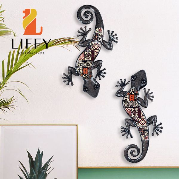 Objetos decorativos Figuras Matal Lagarto Arte de la pared 2 piezas Vidrio hecho a mano Metal Gecko Decoración al aire libre para sala de estar Dormitorio Jardín Valla 230330