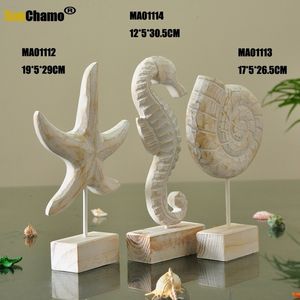 Objets décoratifs Figurines Style méditerranéen accessoires de décoration de la maison artisanat en bois étoile de mer conque hippocampe sculpture sur bois décor marin 230410