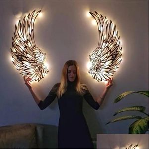 Objets décoratifs Figurines Metal Angel Wings Modern Wall Scpture Art Decor grande décoration de fer ancien avec livraison de goutte à LED Ho Dhiue