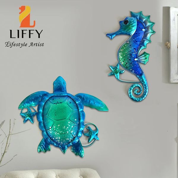 Objets décoratifs Figurines Hippocampe tortue bleue en métal avec art mural en verre pour la maison décorative sur le thème de l'océan Sculpture Statue de salon salle de bain piscine 231129