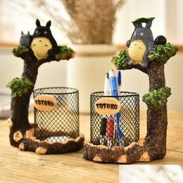 Objetos decorativos Figuras mi vecino Totoro Resin Desktop Estudiante Soporte de pluma de metal Accesorios de papelería GIF DHMLR