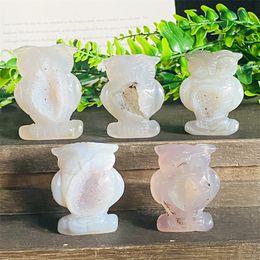 Objets décoratifs Figurines pierre d'agate naturelle cristal Druzy géode hibou Statue décor à la maison améthyste décoration de chambre ornement