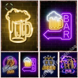 Objets décoratifs Figurines Neon Beer Bar Metal Tin Sign Affiche pour Pub Happy Hours Party Boire Peinture Photos Art Décoration Murale Décoration Esthétique 230714