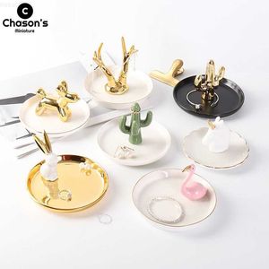 Objetos decorativos Estatuillas Animal nórdico Cerámica Bandeja de joyería Collar Kawaii Pendiente Pulsera Contenedor Merienda Titular Unicornio Ciervo Conejo L230724