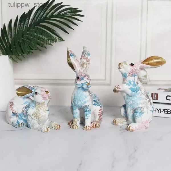 Objets décoratifs Figurines cadeaux créatifs nordiques lapins peints mignons animaux sauvages lapins résine artisanat ornements accessoires de décoration de la maison. L240306