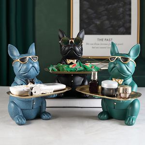 Decoratieve objecten Figurines Noordse Franse bulldog Sculptuur Dogstandbeeld sieraden opslagtafel decoratie geschenk riemplaat glazen lade Home Art 230221