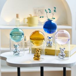 Objets décoratifs Figurines Nordic Home Salon Creative Teddy Bear Vase en verre rond avec support Pot de fleur hydroponique Décoration en pot moderne 230715