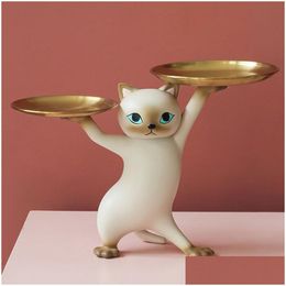 Objets décoratifs Figurines Nordique Résine Chat Plateau Statue Chambre Entrée Bureau À Domicile Table Bureau Décor Accessoire Clé Bonbons Conta Dhw3N