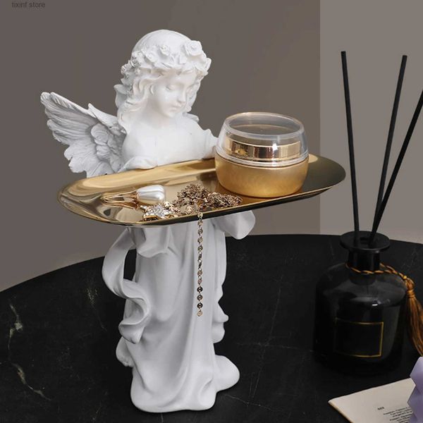 Objets décoratifs Figurines Résine Nordique Déesse Ange Statue Ornement Bureau Prière Fille Ange Sculpture avec Plateau en Métal pour Étude Café Décor T240309