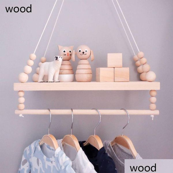 Objets décoratifs Figurines Nordic Wooden Wall Shelf avec vêtements Rack Enfants Room Craft Rangement Corde suspendue Décoration de vie DHRFF