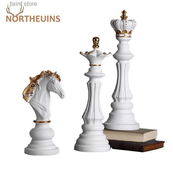 Objets décoratifs Figurines NORTHEUINS Pièces d'échecs en résine Accessoires de jeux de société Décor de pièce esthétique rétro pour la décoration intérieure de la maison Sculpture d'échecs T2