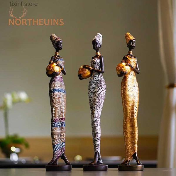 Objets décoratifs Figurines NORTHEUINS Résine Rétro Africain Noir Femmes Statue Art Figure Figurines Ornements Maison Salon Chambre Décor De Bureau Articles T2403